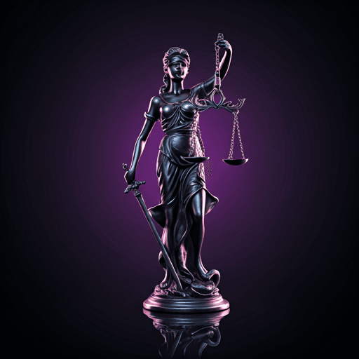 Estátua de justiça em vidro com reflexo tecnológico em close-up