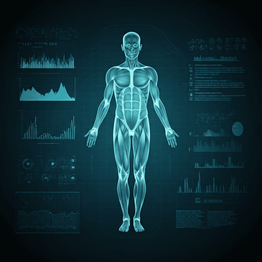 Visualização futurista de dados médicos e anatomia humana em display digital escuro
