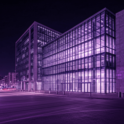 Edifício moderno de justiça com arquitetura em vidro refletindo luzes violeta